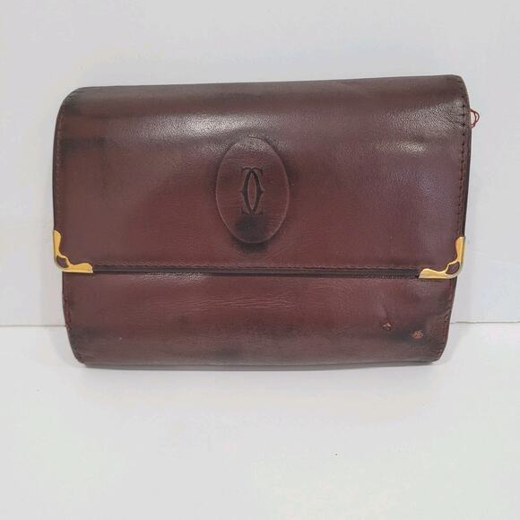 Cartier Vintage Wallet Trifold Leather Bordeaux Red Medium Retro Kisslock Fair - Picture 1 of 11